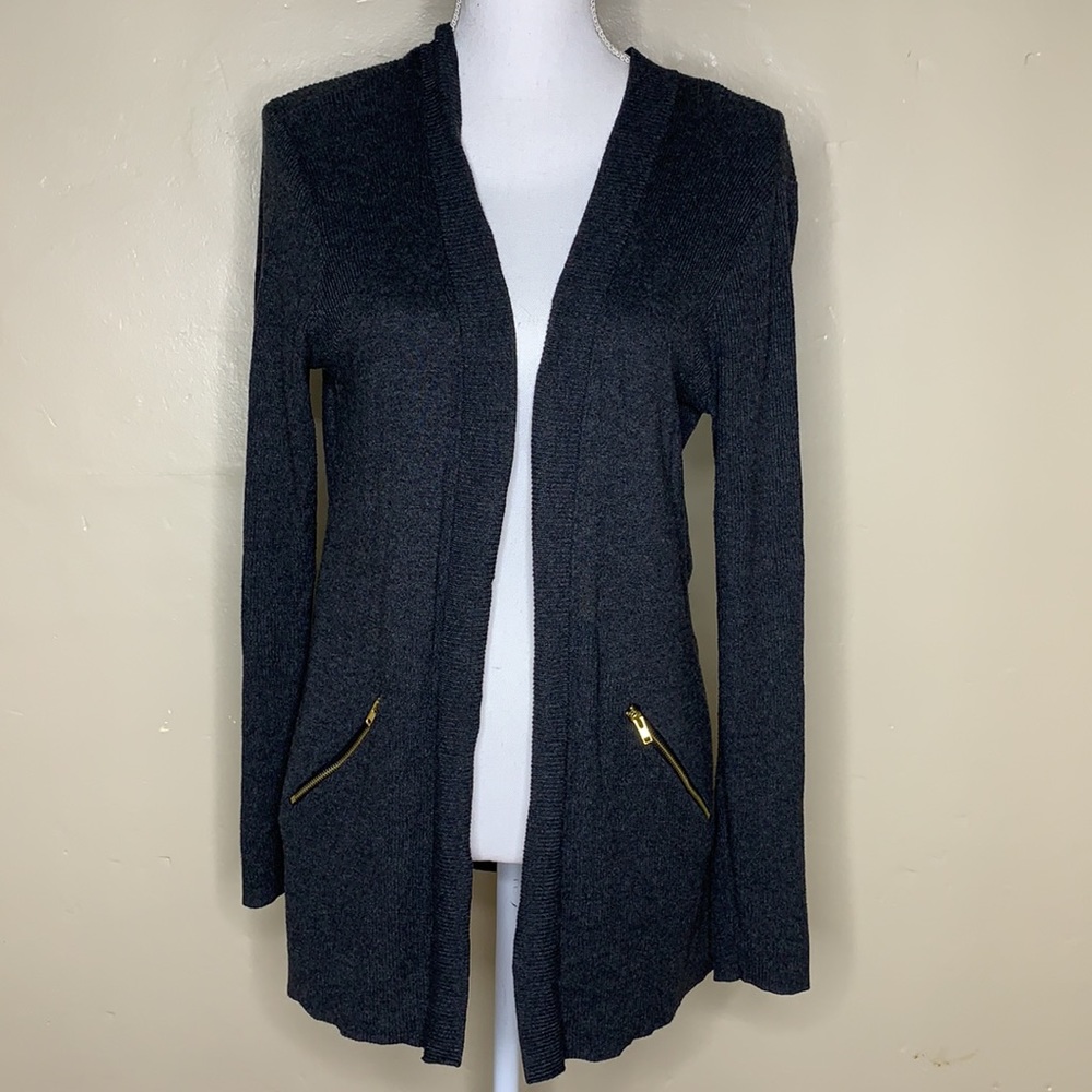 Apt 9 Cardigan Sweater Gray Open Front Exposed Zipper Pockets Long Medium
